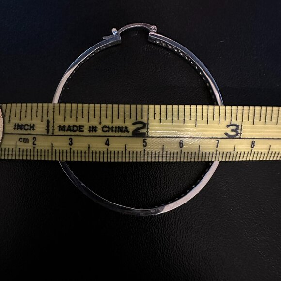 Silver CZ Diamond Round Hoop Earrings - Picture 7 of 8